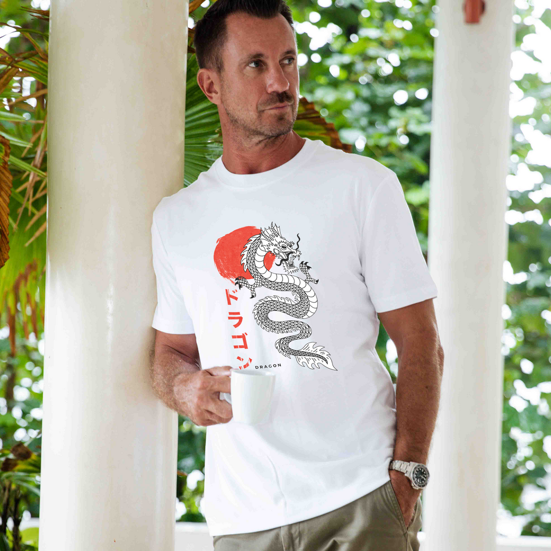Japanese Dragon Print Cotton Crew Neck T-Shirt in White