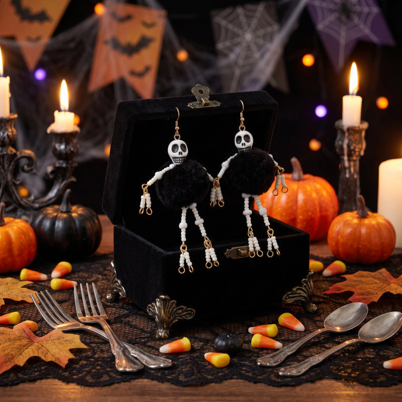 Women Halloween Skeleton Pom Pom Beaded Dangle Earrings, Gold Plated Gothic Long Drop Earrings For Costume Party Cosplay Holiday Gift
