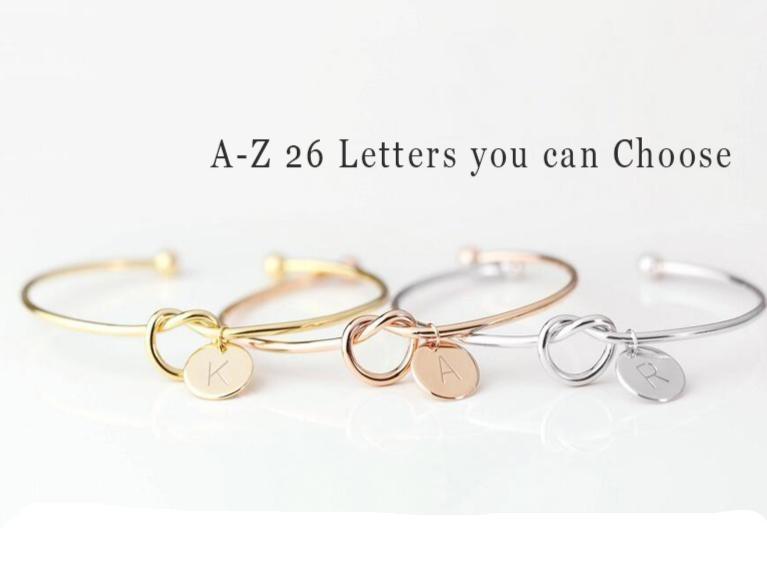 Personalized Initial Knot Bangle Bracelet with Heart Charm