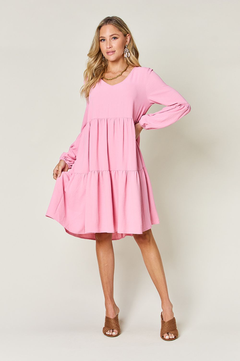 Light Green V-Neck Tiered Midi Dress with Side Pockets