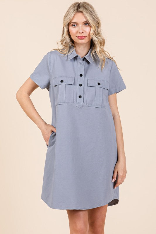 Classic Collared Short Sleeve Shirt Dress