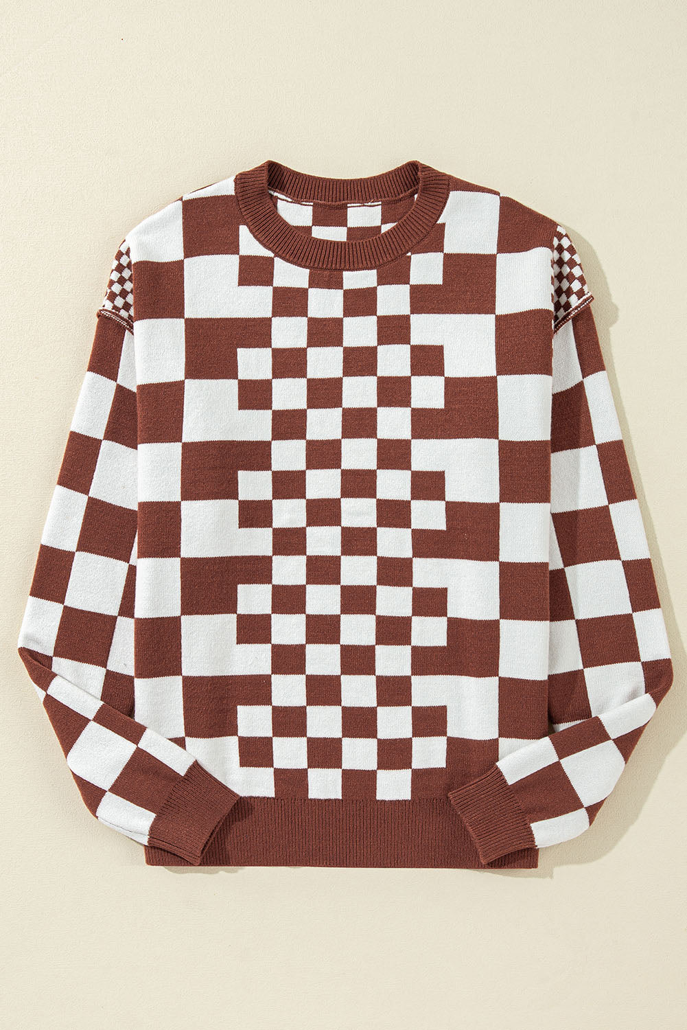 Checker Round Neck Drop Shoulder Sweater