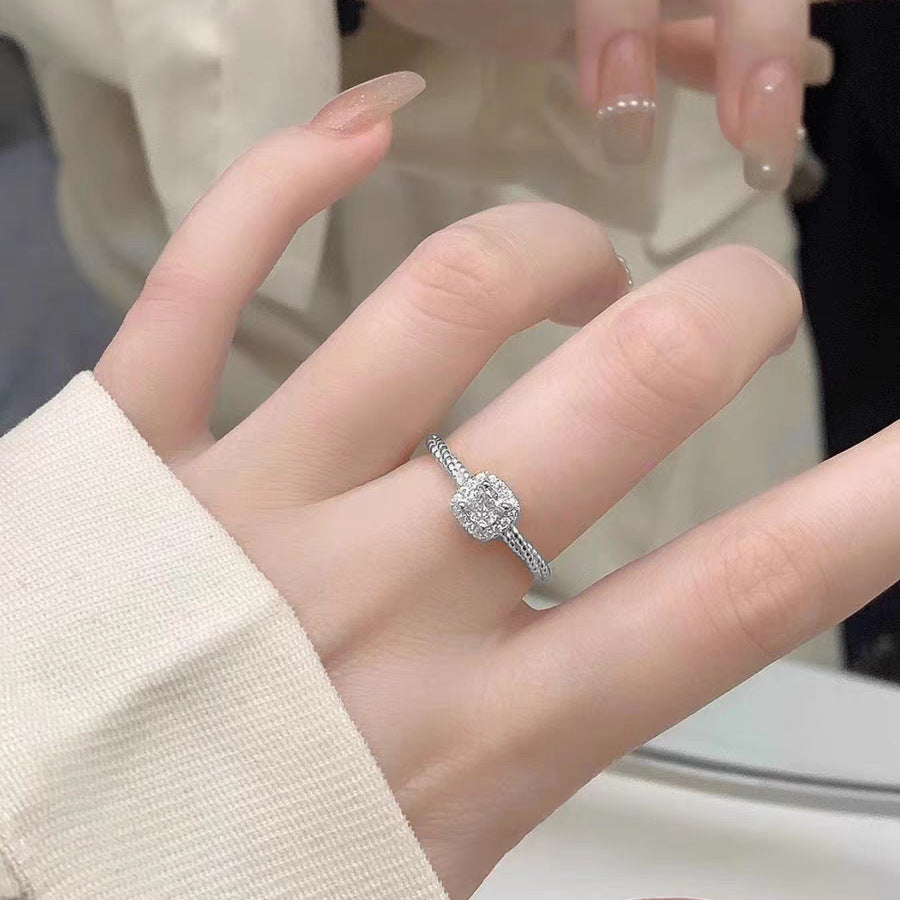 S999 Pure Silver Small Square Sugar Full Zircon Ring For Women, Niche Premium & Delicate, Light Luxury Versatile Jewelry Wholesale