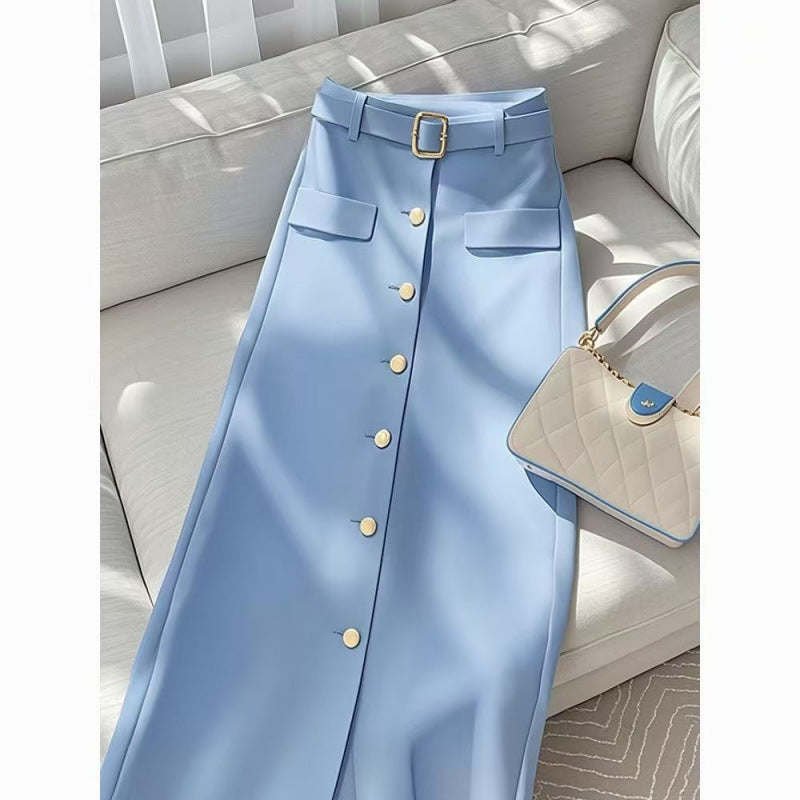Women's Blue A-Line Draping Long Skirt - Elegant Casual Commuter