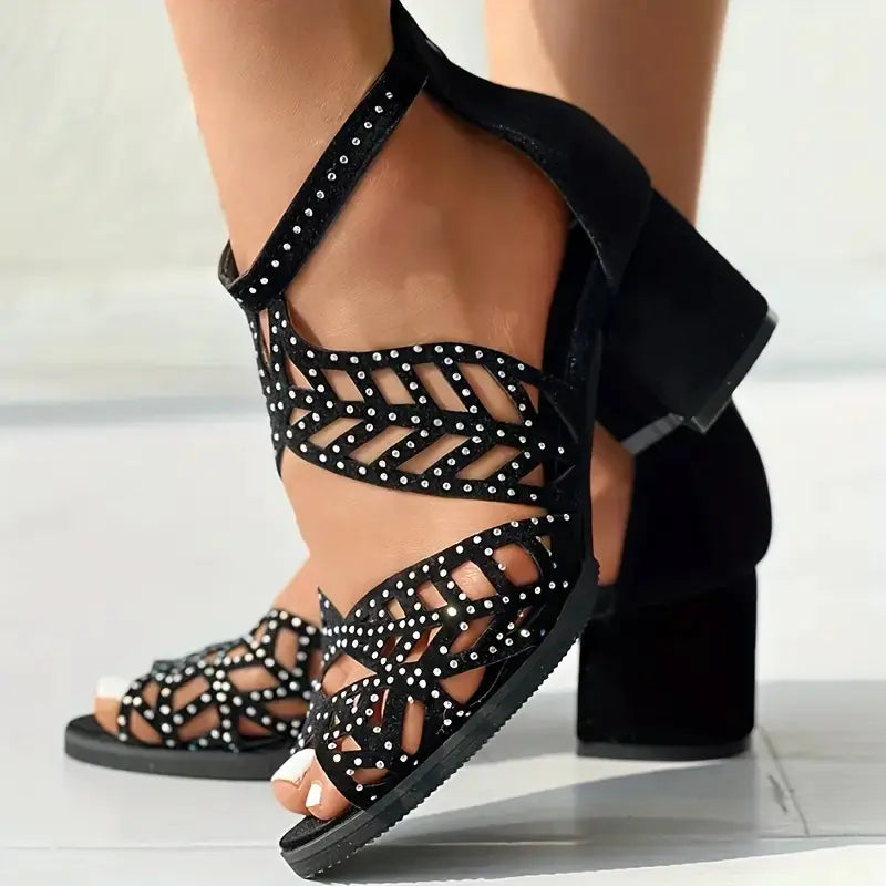 Women's Black Cutout Fish Mouth Sandals with Block Heels - Image 3