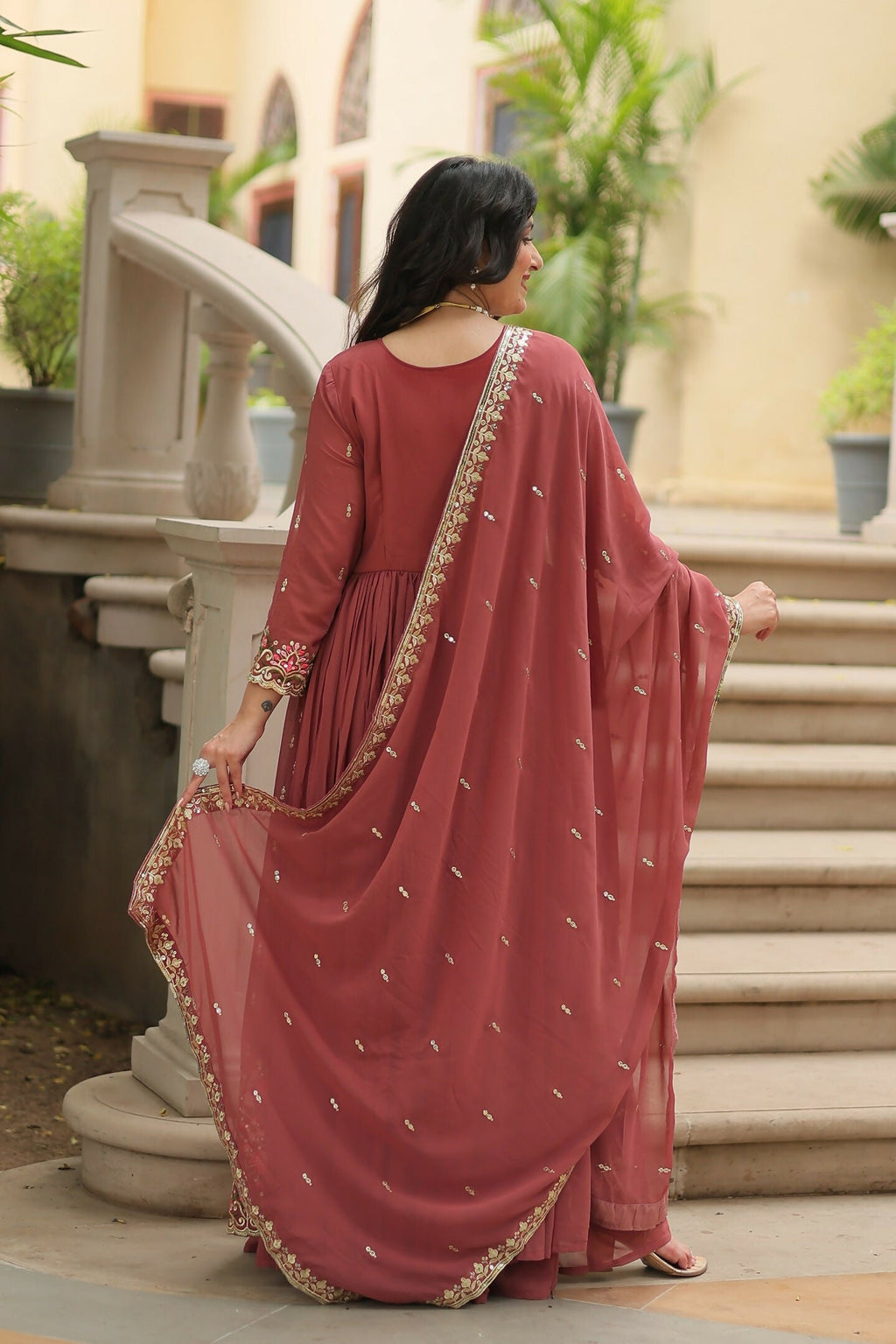 Coffee Chiffon Sequence Embroidery Kurta Set for Women