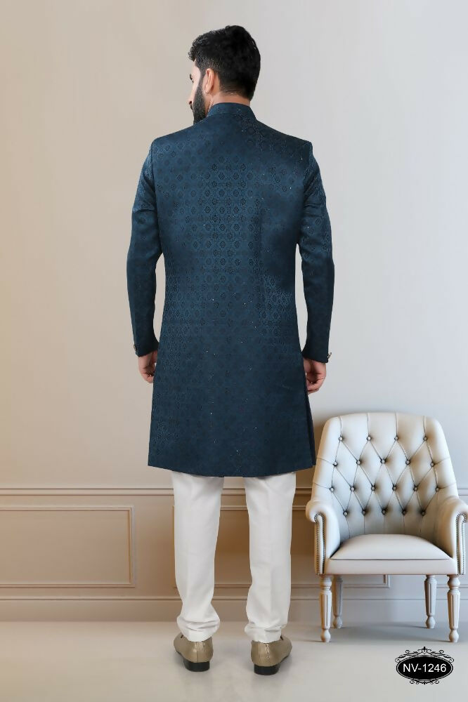Blue Sequence Embroidered Indo-Western Kurta with Pyjama