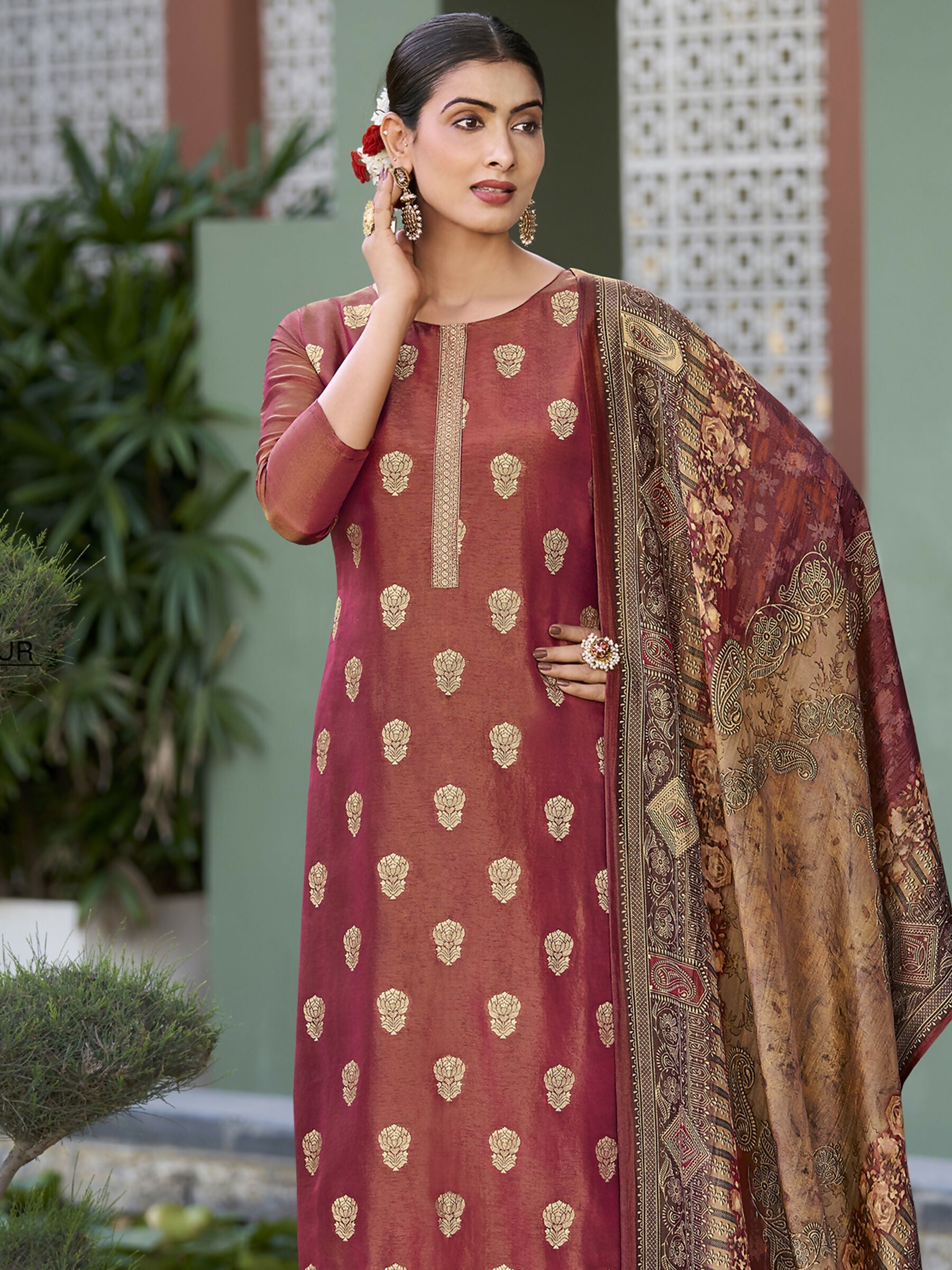 Women's Maroon Pure Silk Jacquard Woven Kurta Set with Trouser