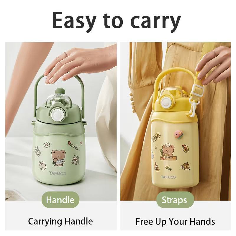 Large Belly Kawaii Insulated Vacuum Water Bottle with Strap