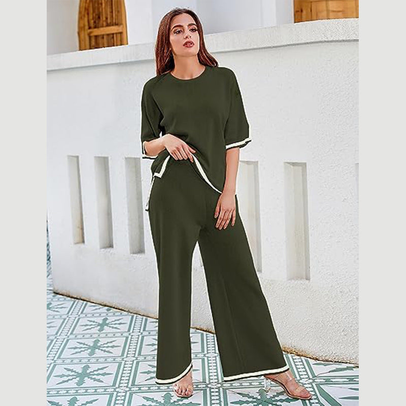 Women's Knit Three-Quarter Sleeve Pullover and Wide Leg Pants Set