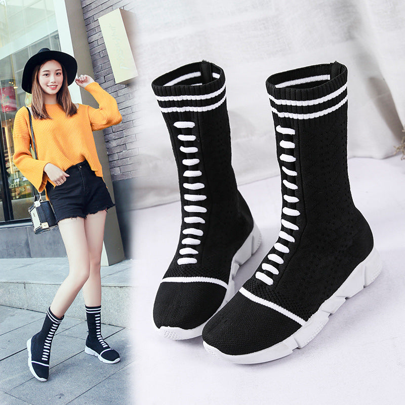 Autumn European Style Chunky Sole Knit Boots for Women