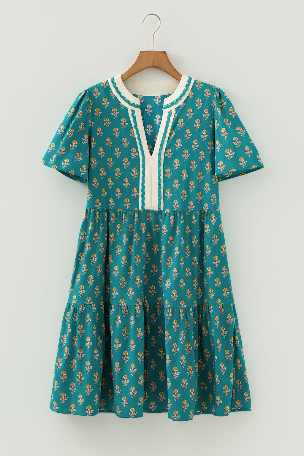 Clover Short Sleeve Floral V-Neck Dress with Contrast Trim