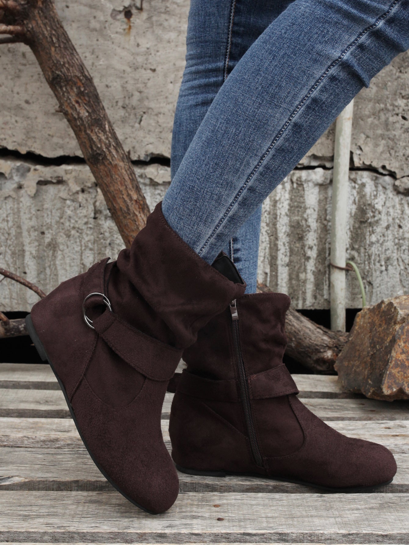 Women's Ankle Boots with Buckle Belt & Side Zip