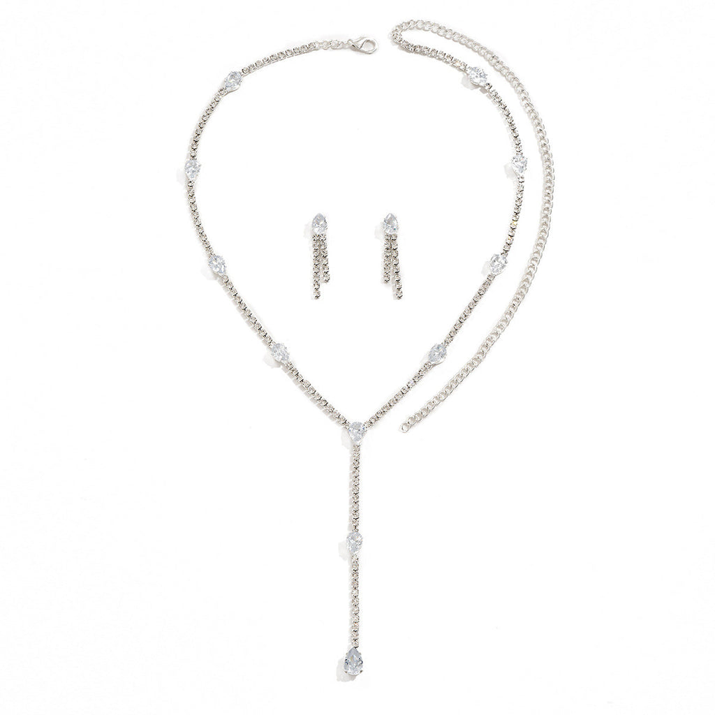 Women Graduated Teardrop Y Lariat 2Pcs Jewelry Set, Thin Single Row CZ Tennis Necklace Matching Vertical Waterdrop Dangle Earrings Gold Rhodium Two Tone Plated For Wedding Valentine Daily Gift
