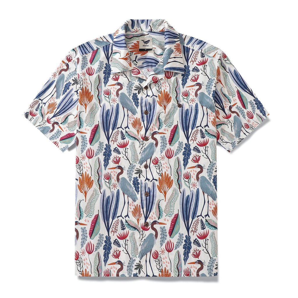 Men wearing a 100% cotton Hawaiian shirt with heron and floral print in white, blue, orange, and pink