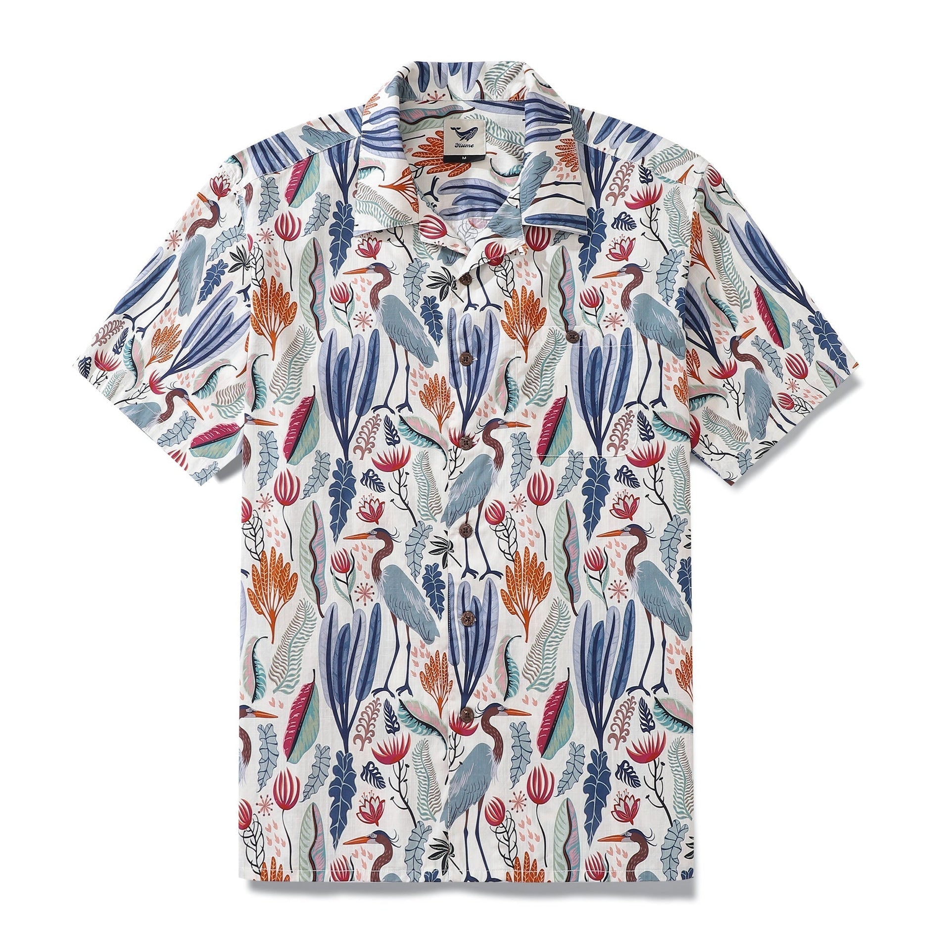 Men wearing a 100% cotton Hawaiian shirt with heron and floral print in white, blue, orange, and pink