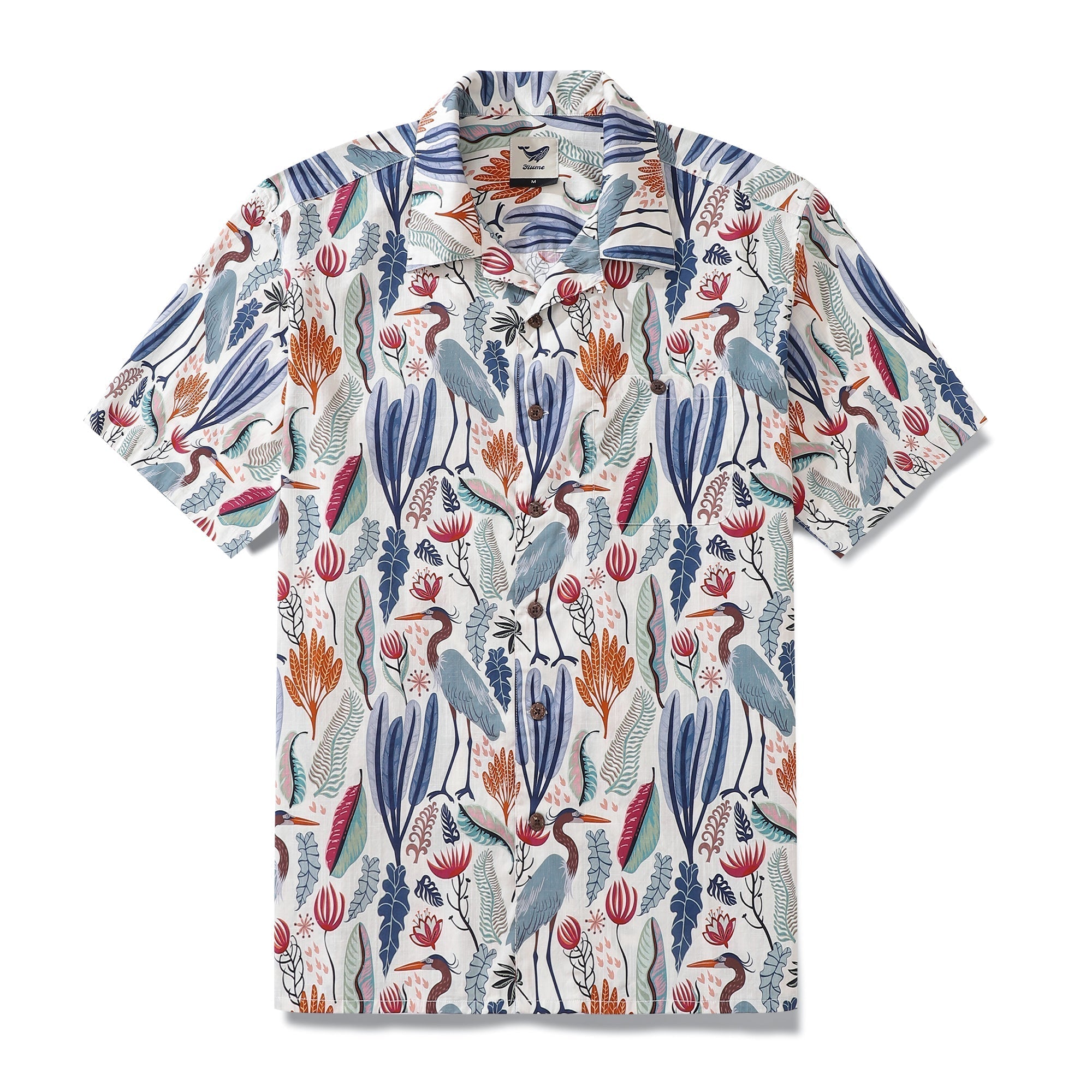 Men wearing a 100% cotton Hawaiian shirt with heron and floral print in white, blue, orange, and pink