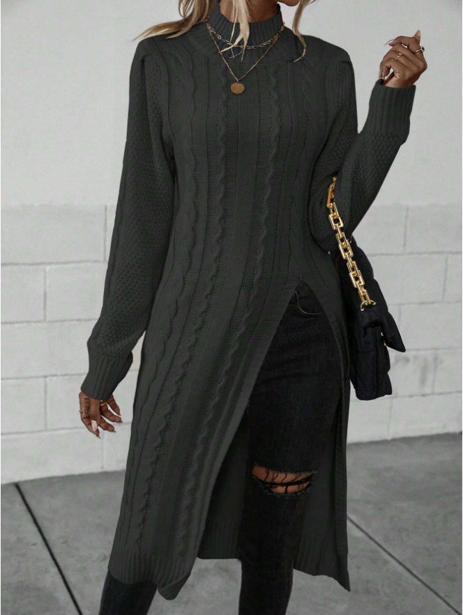 Women Crew Neck Long Sleeve Sweater with Split Hem Minimalist Top