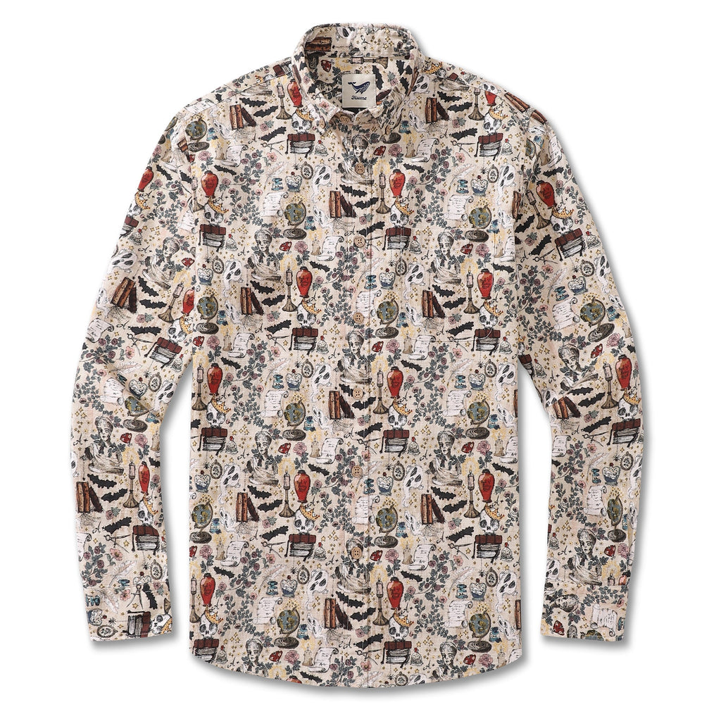 Men wearing a beige long-sleeve Hawaiian shirt with gothic-inspired prints of ghosts, skulls, and roses.