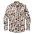 Men wearing a beige long-sleeve Hawaiian shirt with gothic-inspired prints of ghosts, skulls, and roses.