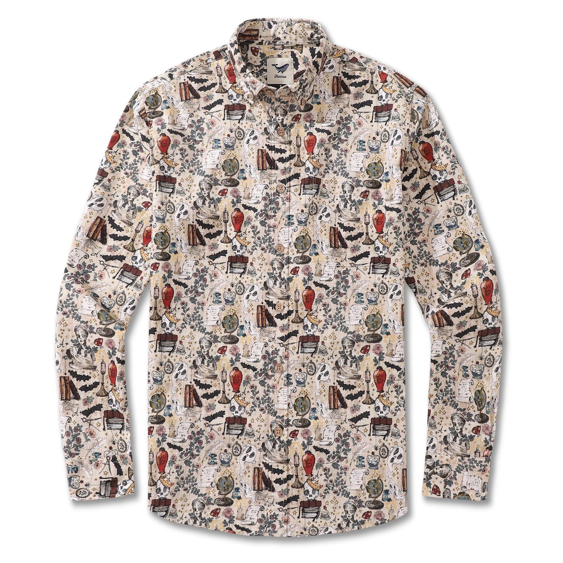 Men wearing a beige long-sleeve Hawaiian shirt with gothic-inspired prints of ghosts, skulls, and roses.