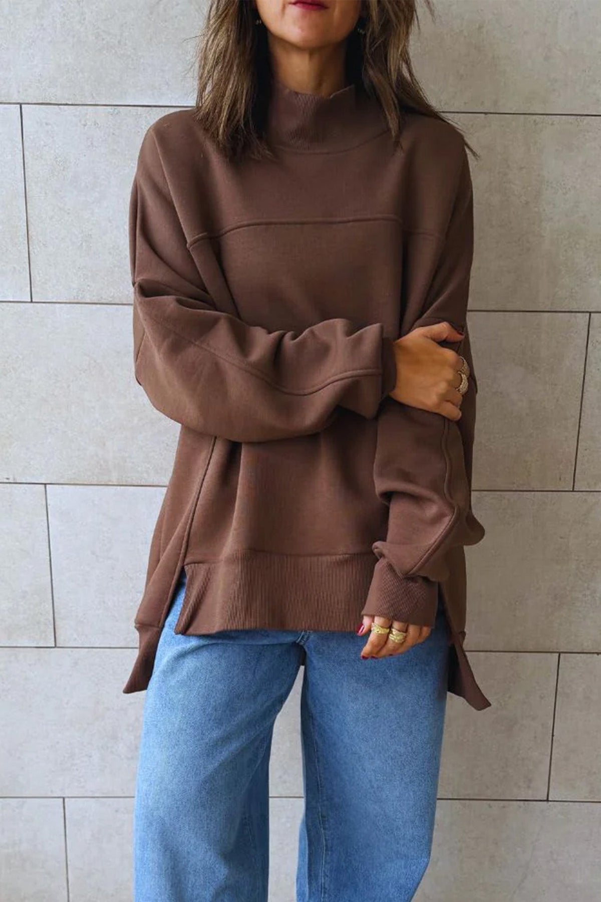 Coffee Solid Color Oversized Mock Neck Split Hem Tunic Sweatshirt