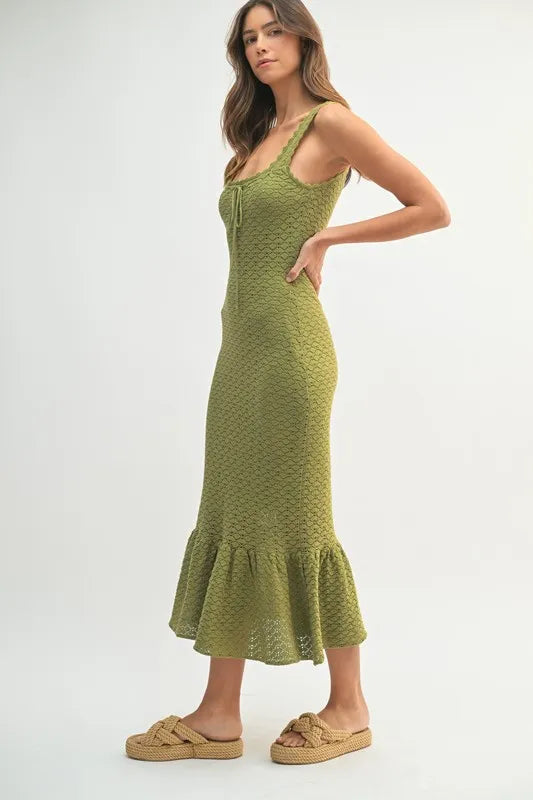 Olive Green Crochet Knit Midi Dress with Ruffled Hem