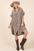 Mineral wash brown cotton gauze shirt dress with ruffle sleeves and pockets