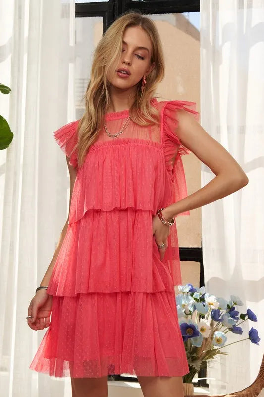 Layered Ruffled Cap Sleeve Mesh Dress in Pink