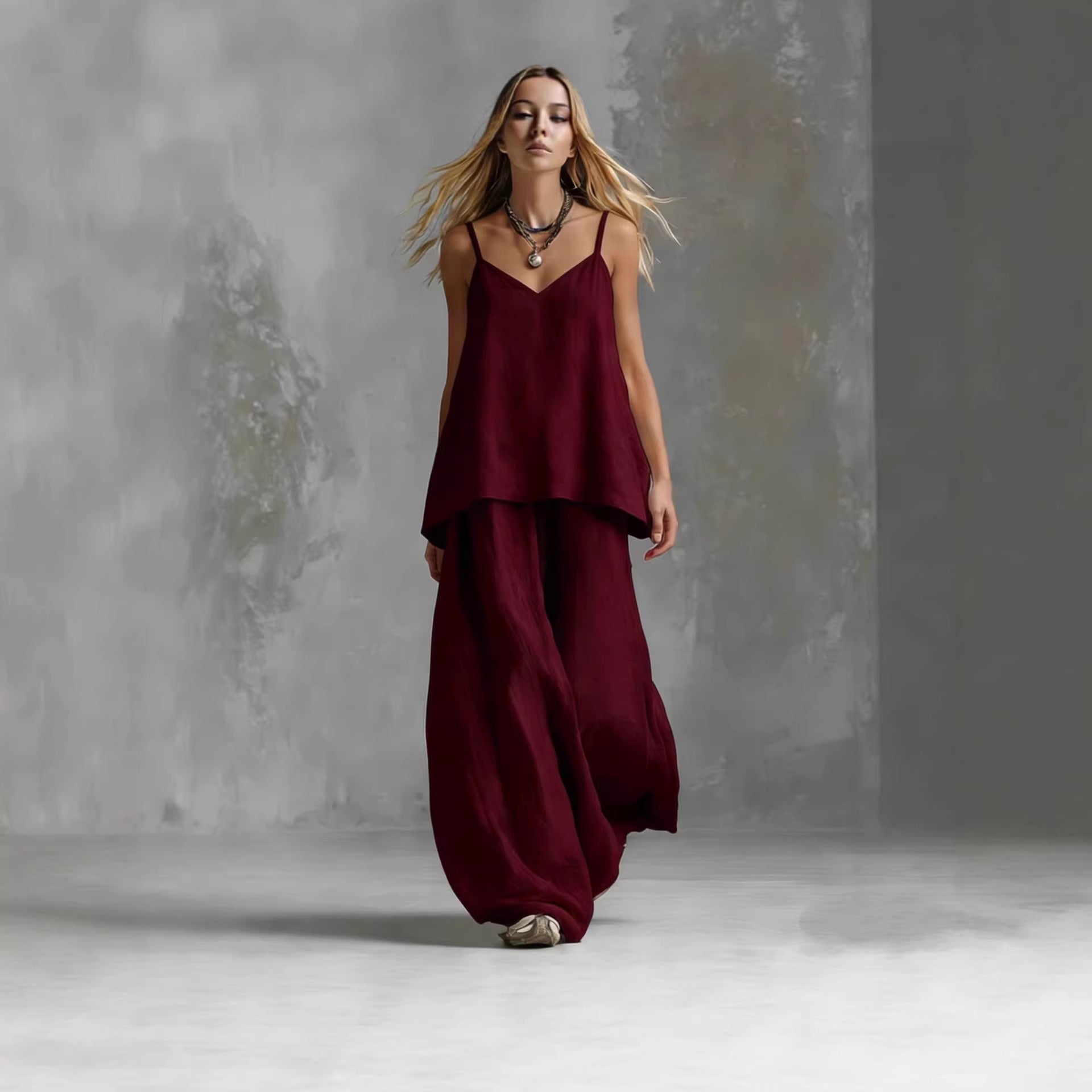 Women's V-Neck Sleeveless Two-Piece Wide Leg Pantsuit Set - Image 3