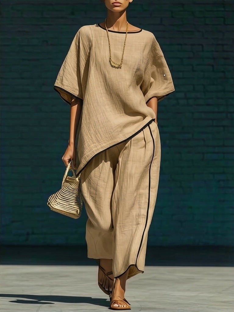 Women's Loose Linen-Blend Short Sleeve Top and Pant Set - Image 7