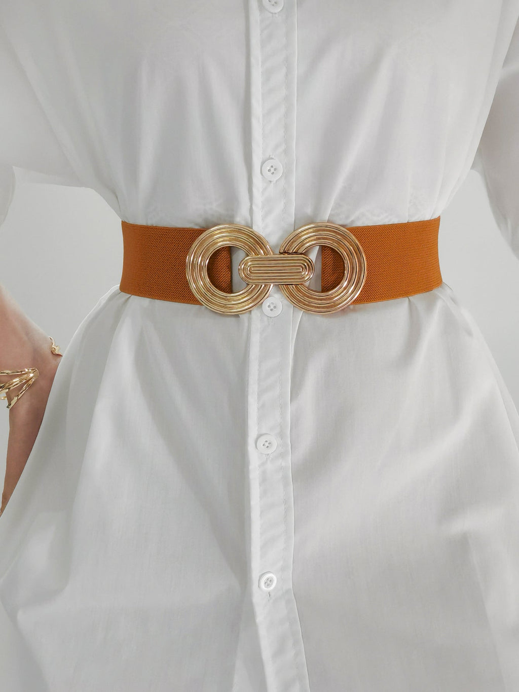 Geometric Buckle Elastic Wide Belt | Brown & Gold