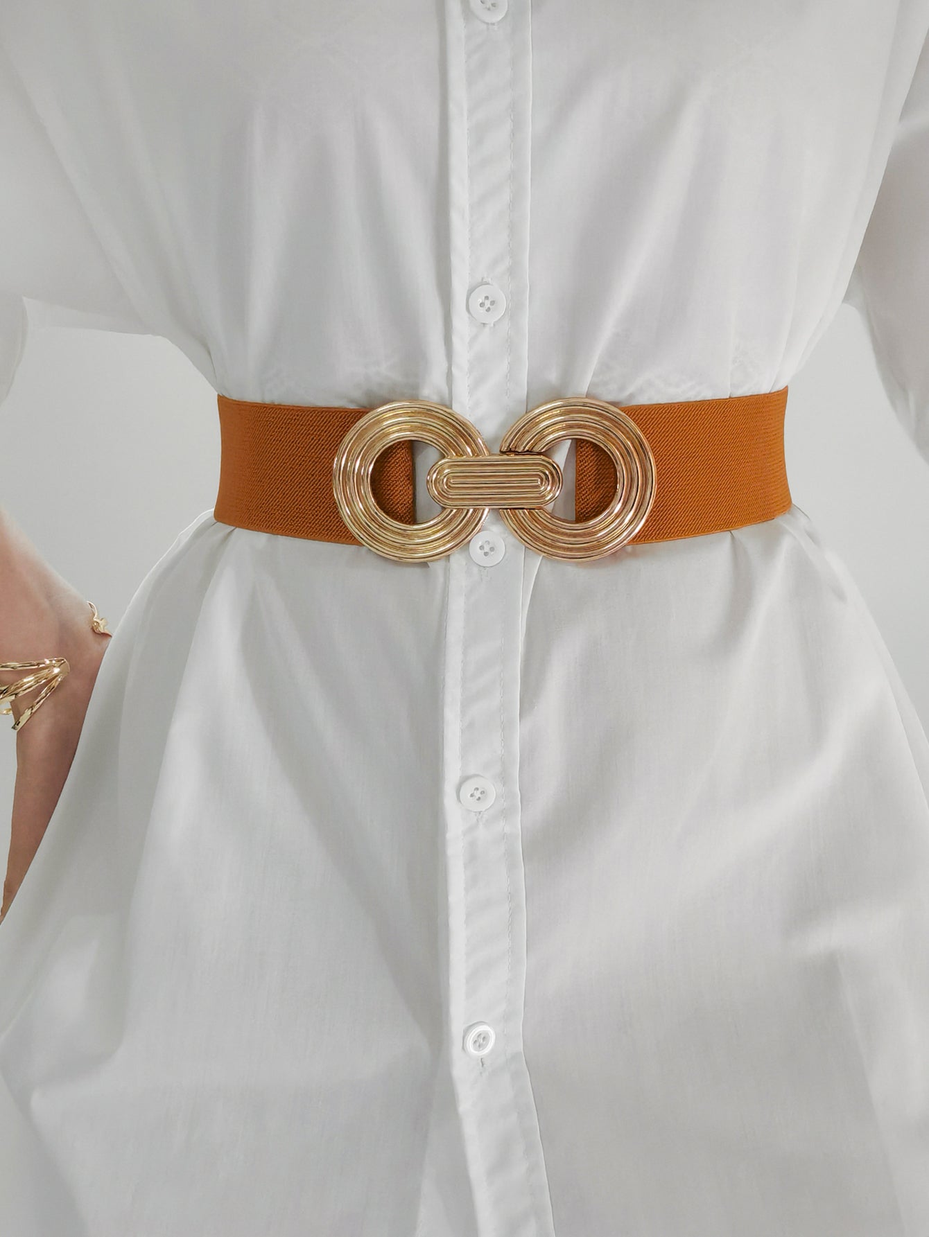 Geometric Buckle Elastic Wide Belt | Brown & Gold