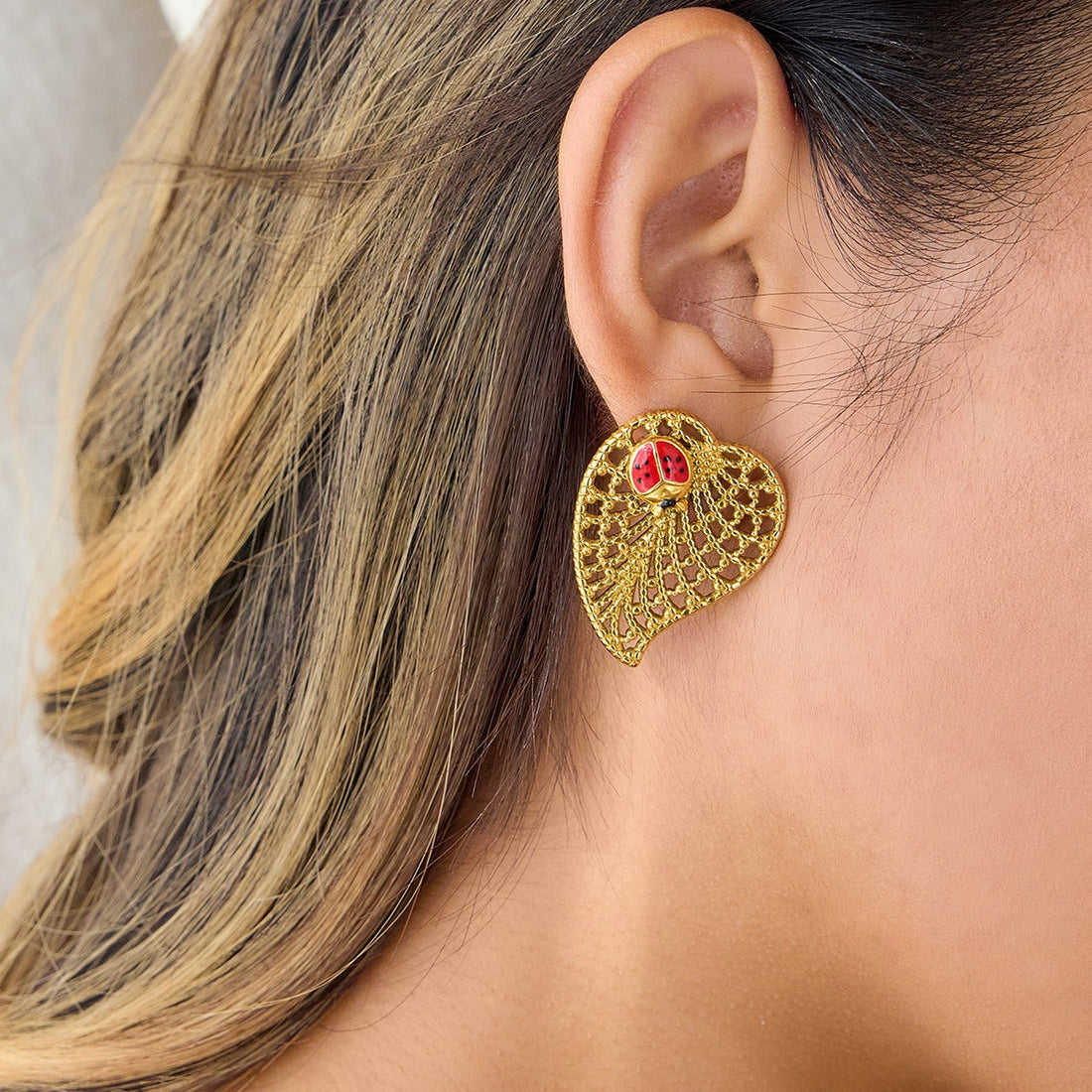 18K Gold Ladybug and Leaf Stud Earrings Nature-Inspired Jewelry