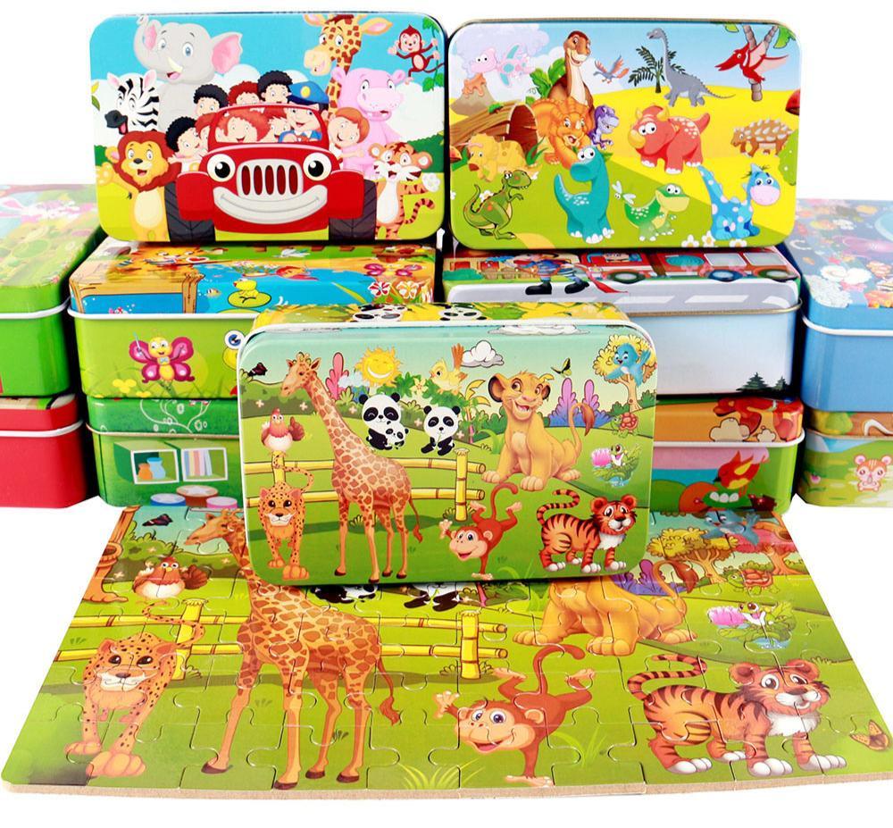 60-piece wooden cartoon animal puzzle inside a decorative iron box