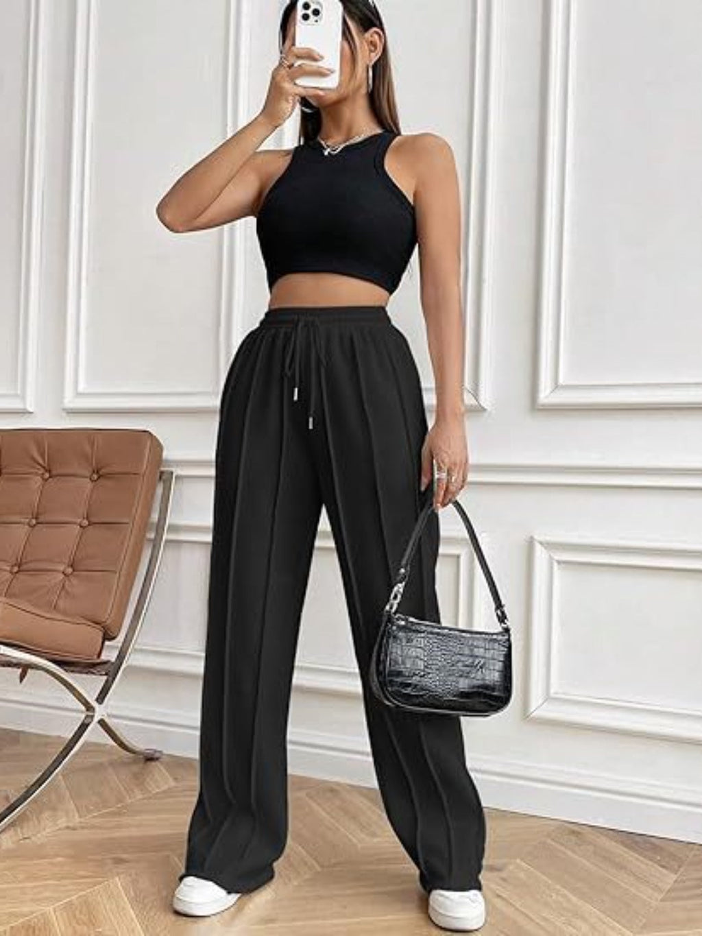 Women's High-Waisted White Drawstring Wide Leg Pants with Pockets - Image 16