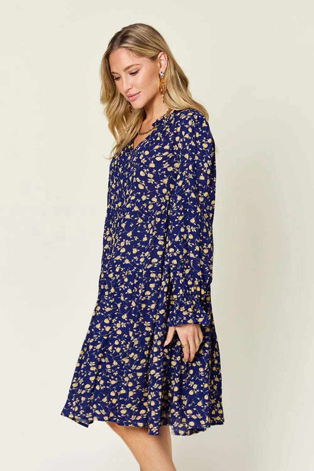 Printed Ruffle Hem Long Sleeve Tiered Midi Dress