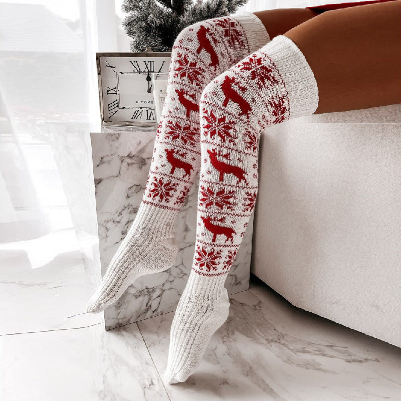Women Christmas Thigh-High Knitted Stockings Snowflake Elk Print - Image 9