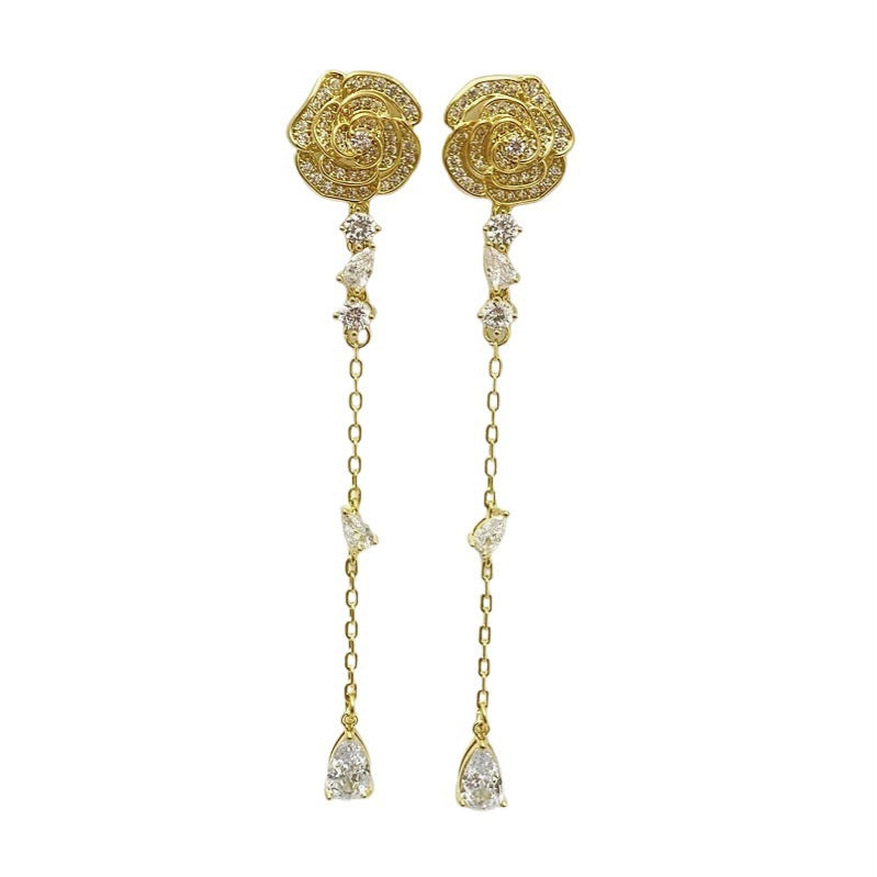 Womens Floral Rhinestone Inlaid Long Tassel Drop Earrings,Costume Earrings For Daily Banquet Party Wear