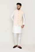 Elegant white art silk kurta set for men featuring a jacket and straight pants