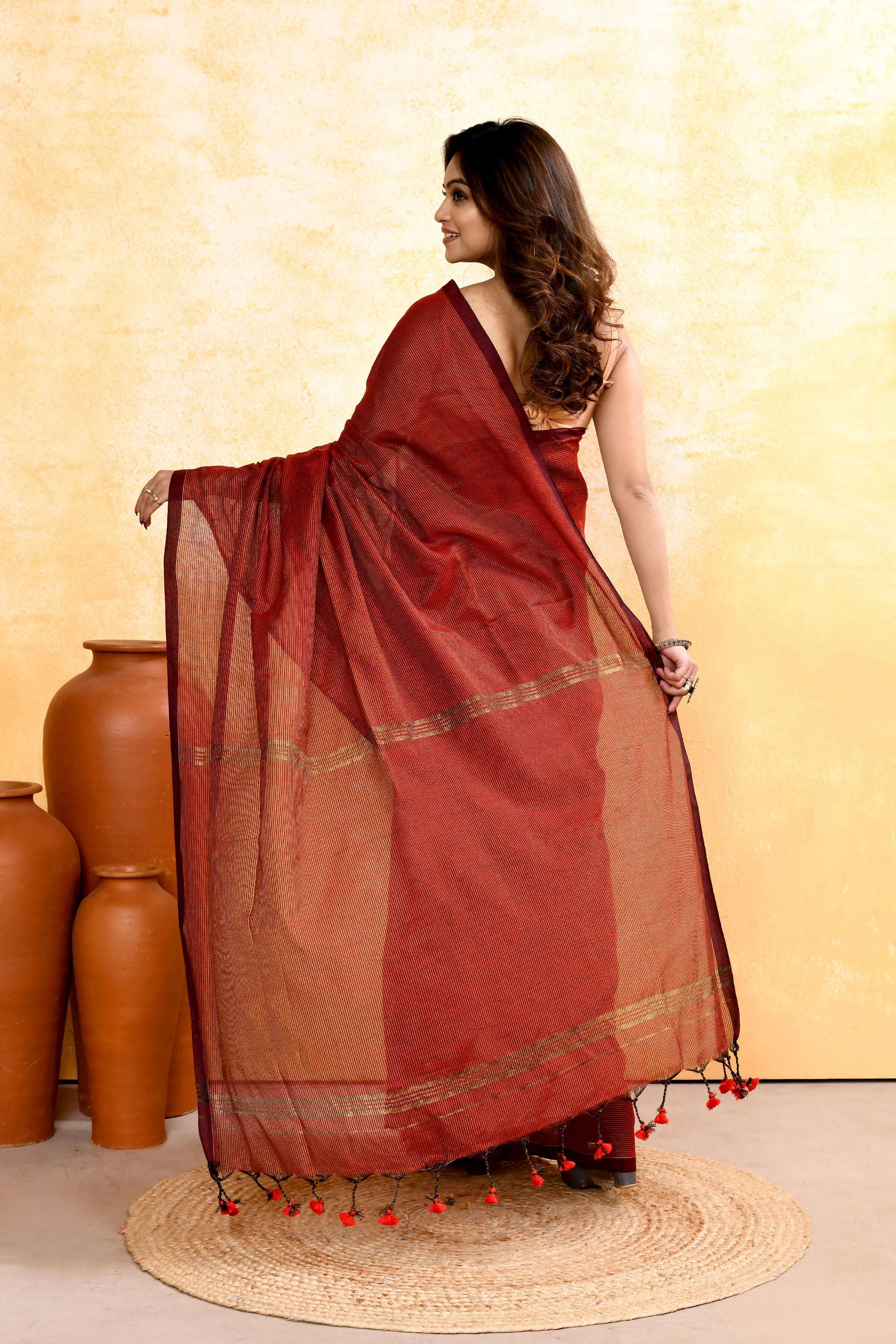 Maroon Embellished Cotton Blend Zari Check Handloom Saree