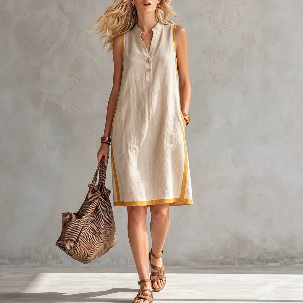 Women's Sleeveless V-Neck Colorblock Midi Dress with Pockets - Image 3