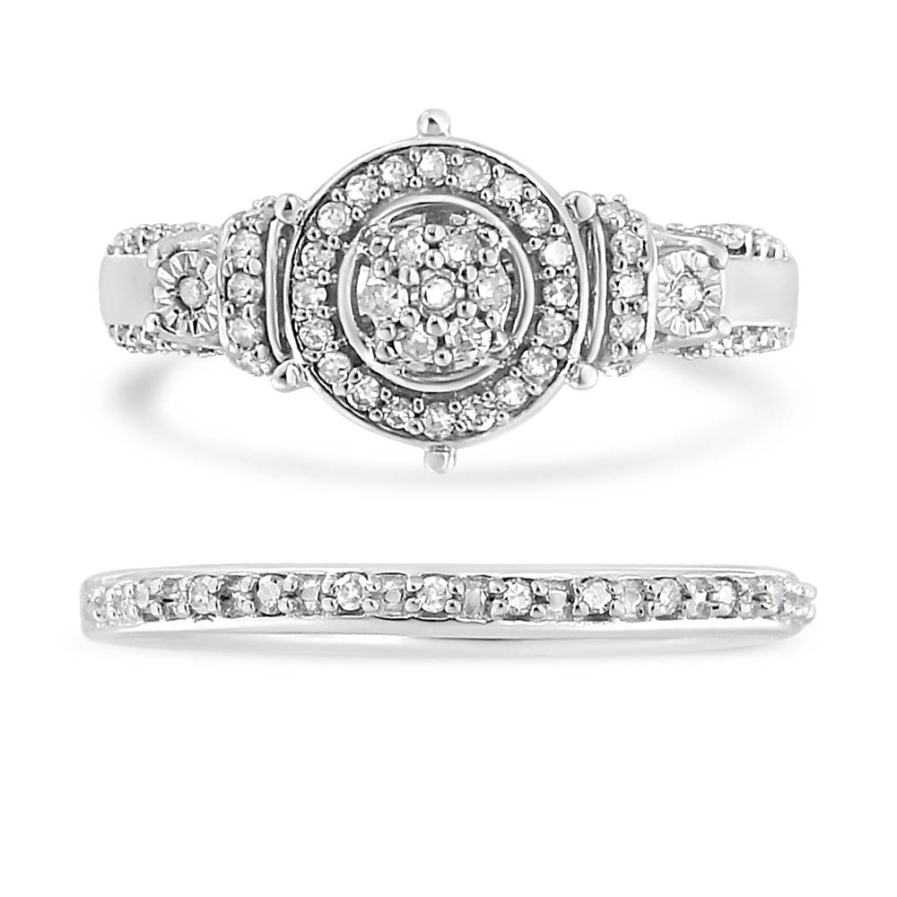 .925 Sterling Silver 1/3 Cttw Diamond 7 Stone Cluster and Halo Engagement Ring and Wedding Band Set (I-J Color, I1-I2 Clarity) - Size 7