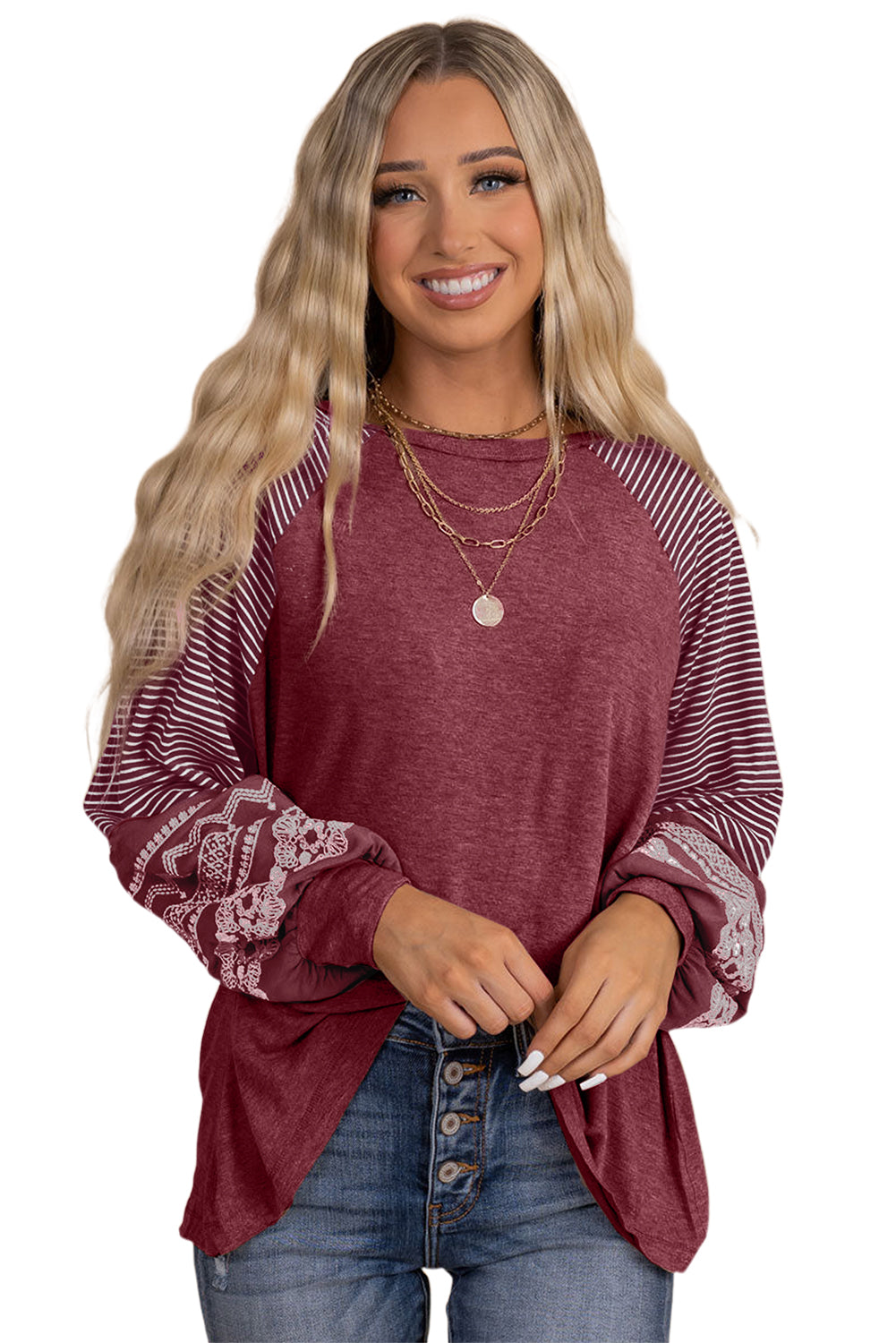 Tillandsia Purple Contrast Print Striped Raglan Long Sleeve Loose Top