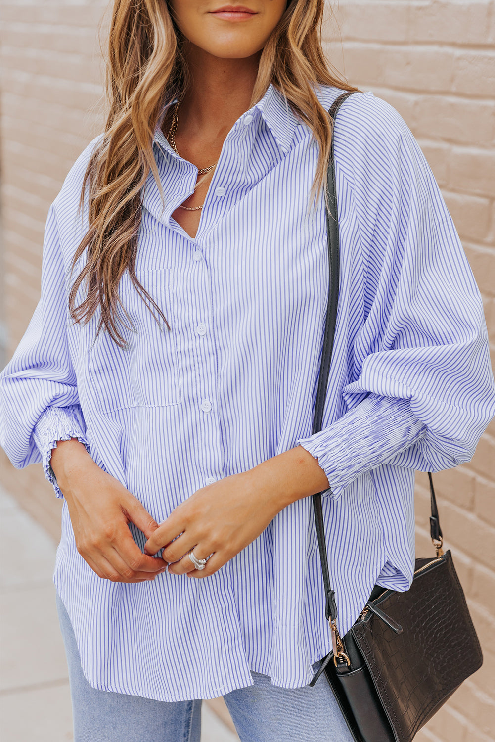 Blue Striped Casual Shirt with Shirred Cuffs | Polyester