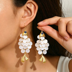 Women Fish Shape Faux Shell Tassel Drop Earrings With Eye Detail, PVD Gold Plated Boho Beach Vacation Statement Jewelry