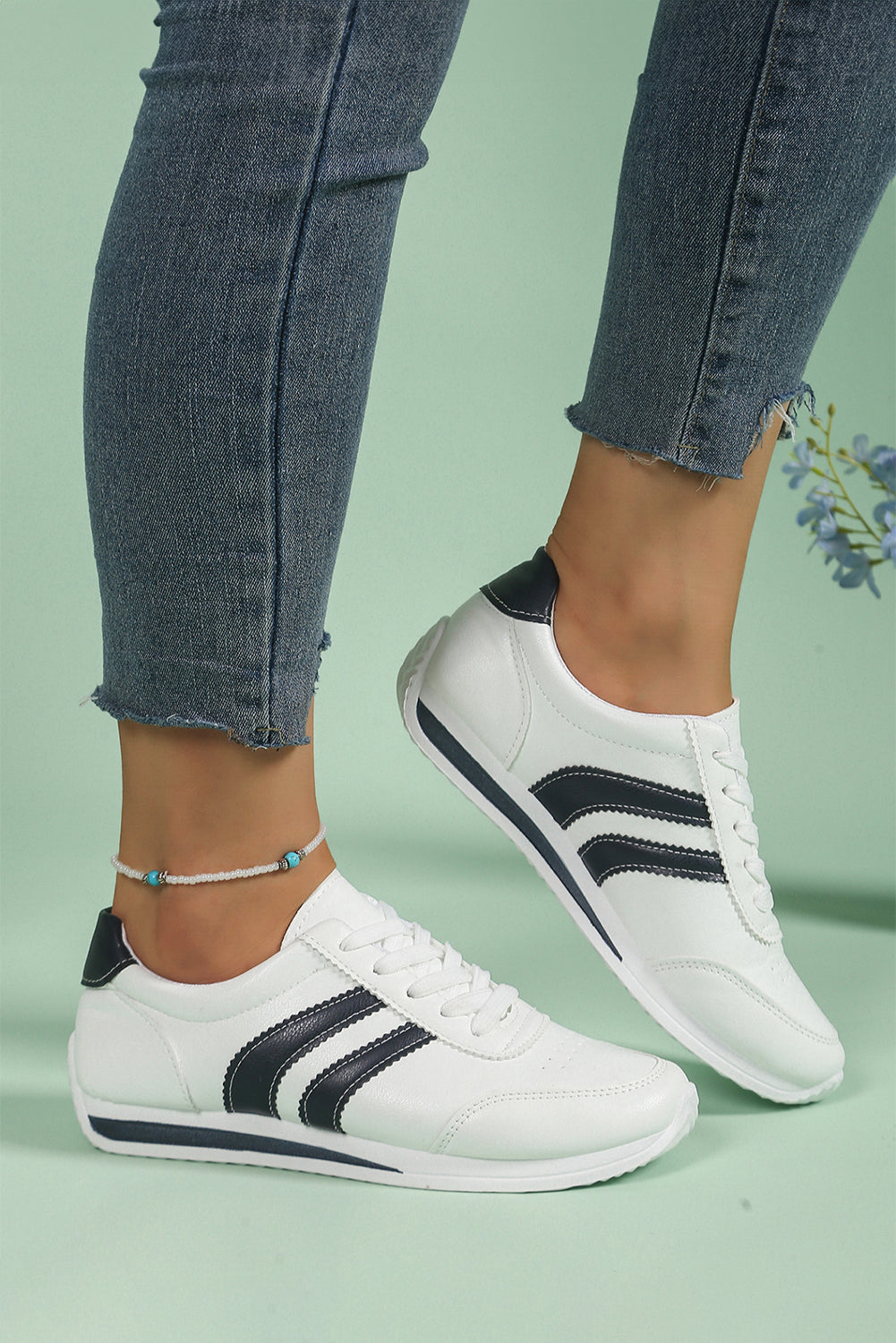 White Striped Lace Up Casual Sneakers with Contrast Detail