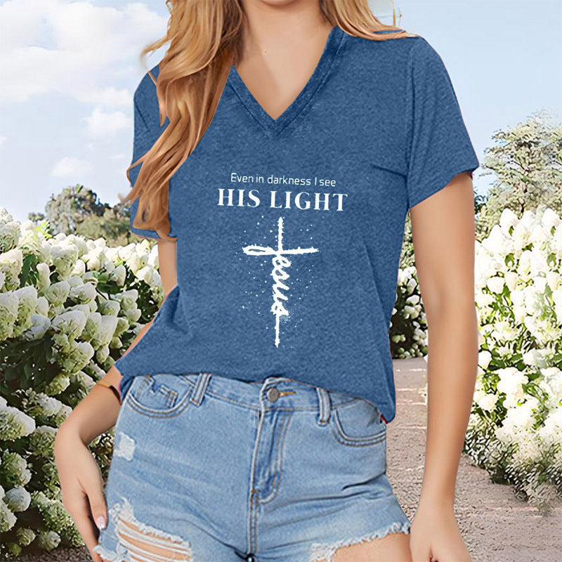 Women's Blue Geometric Cross V-Neck T-Shirt - Casual Summer Top
