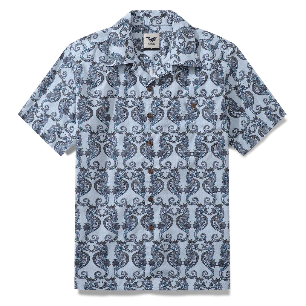 Men's camp collar shirt in light blue and navy with a curled jellyfish print.