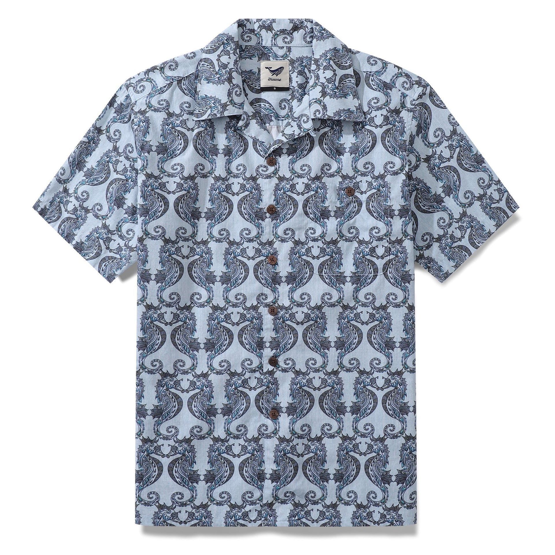 Men's camp collar shirt in light blue and navy with a curled jellyfish print.